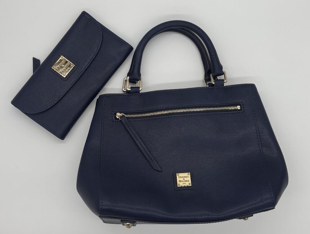 Dooney & Bourke Women’s Navy Satchel Top Handle Bag Wallet Gold Zip Pockets